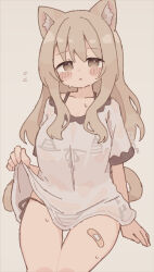 Rule 34 | 1girl, absurdres, animal ear fluff, animal ears, bandaid, bandaid on leg, bikini, bikini under clothes, blonde hair, blush, brown eyes, cat ears, cat girl, cat tail, colon br, commentary request, cowboy shot, flying sweatdrops, front-tie bikini top, front-tie top, grey background, highres, long hair, looking at viewer, no pants, open mouth, original, shirt, short sleeves, side-tie bikini bottom, simple background, solo, striped bikini, striped clothes, swimsuit, tail, wet, wet clothes, wet shirt, white shirt