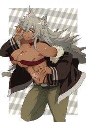 1girl abs absurdres animal_ear_fluff animal_ears arm_up bandeau bare_shoulders belt black_panties breasts cat_ears cat_tail choker cleavage collarbone commentary_request dark-skinned_female dark_skin eyepatch eyepatch_lift facial_scar fur-trimmed_jacket fur_trim ghislaine_dedoldia green_pants hair_between_eyes highleg highleg_panties highres jacket kuragen_(ojikurage) large_breasts long_hair looking_at_viewer mushoku_tensei navel off_shoulder open_belt open_pants panties pants parted_lips red_bandeau red_choker red_eyes scar scar_on_cheek scar_on_face scar_on_stomach sidelocks smile solo standing standing_on_one_leg stomach tail tail_ornament tail_ring underboob underwear
