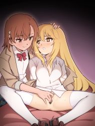 +_+ 2girls bar_censor blonde_hair blush bow brown_hair censored female_focus fingering flower hair_flower hair_ornament hand_on_another&#039;s_head highres long_hair misaka_mikoto multiple_girls no_bra no_pants pussy red_bow school_uniform shokuhou_misaki short_hair sleepy_frippy smile spread_legs thighhighs toaru_kagaku_no_railgun toaru_majutsu_no_index yuri