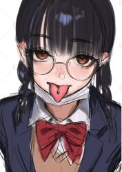 1girl glasses highres looking_at_viewer nanja piercing school_uniform tagme tongue tongue_out tongue_piercing