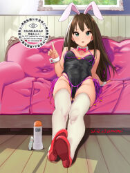 1girl animal_ears arm_up baba_arumi bikini bikini_over_clothes black_bikini black_leotard blue_eyes bottle bow bowtie breasts brown_hair commentary_request couch covered_navel detached_collar earrings fake_animal_ears fingernails gluteal_fold high_heels highleg highleg_leotard idolmaster idolmaster_cinderella_girls index_finger_raised jewelry legs leotard leotard_under_clothes long_fingernails long_hair looking_at_viewer lotion_bottle micro_bikini playboy_bunny rabbit_ears red_shoes shibuya_rin shoe_soles shoes side-tie_bikini_bottom sitting solo strapless strapless_leotard stud_earrings swimsuit thigh_gap thighhighs thighs white_thighhighs wooden_floor wrist_cuffs