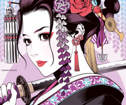 1girl artist_name brown_eyes brown_hair check_hair_ornament closed_mouth commentary_request earrings eyelashes eyeshadow floral_print floral_print_kimono flower from_side gradient_background hair_flower hair_ornament holding holding_sword holding_weapon japanese_clothes jewelry katana kimono limited_palette looking_to_the_side makeup original pale_skin portrait print_kimono purple_background purple_kimono purple_nails red_eyeshadow red_flower red_lips red_rose rose sidelocks skull_ornament solo spot_color sword takanashi_shin tassel tassel_earrings weapon