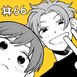 2boys aged_down brothers child closed_mouth commentary_request curtained_hair denai_tetsuo earrings futsuu_no_keion-bu greyscale_with_colored_background grin highres jewelry looking_at_viewer male_focus multiple_boys official_art parted_hair portrait short_hair siblings simple_background smile takami_kouki takami_ryuki v v-shaped_eyebrows yellow_background