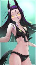 1girl a4_(a4_eishi) absurdres ahoge animal_ears bangs_pinned_back bikini black_bikini breasts collarbone flower frilled_bikini frills grey_hair hair_between_eyes hair_flower hair_ornament highres horse_ears horse_girl horse_tail jewelry long_bangs long_hair long_hair_between_eyes looking_at_viewer manhattan_cafe_(the_bubbles_that_i_see_with_you)_(umamusume) manhattan_cafe_(umamusume) multicolored_hair navel necklace official_alternate_costume official_alternate_hairstyle small_breasts solo swimsuit tail umamusume variant_set very_long_hair wet white_flower yellow_eyes