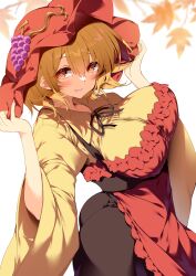 1girl aki_minoriko apron ass blonde_hair breasts grape_hat_ornament hat highres large_breasts looking_at_viewer red_apron red_eyes red_hat sakurame shirt short_hair smile solo touhou yellow_shirt