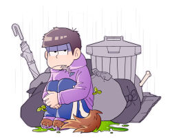1boy animal_feet black_hair blue_pants closed_umbrella fish_skeleton full_body hood hoodie knees_up looking_at_viewer male_focus matsuno_ichimatsu medoroooa mouth_hold osomatsu-san osomatsu_(series) outdoors pants purple_hoodie rain sandals shaded_face sideburns solo sweatpants trash_bag trash_can umbrella