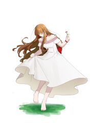 1girl barefoot bow brown_hair choker closed_eyes dress fate/extella fate/extra fate_(series) flower full_body highres holding holding_flower kinishinaide_uk kishinami_hakuno_(female) long_hair on_grass skirt_hold smile solo standing standing_on_one_leg white_background white_dress