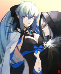2girls ancestor_and_descendant aqua_eyes blue_eyes breasts cleavage cleavage_cutout cloak clothing_cutout expressionless fate/grand_order fate_(series) gray_(fate) grey_hair hair_between_eyes hair_ornament hair_ribbon highres hood long_hair looking_at_viewer lord_el-melloi_ii_case_files medium_breasts medium_hair moedredd morgan_le_fay_(fate) multiple_girls navel ribbon small_breasts stomach_tattoo tattoo