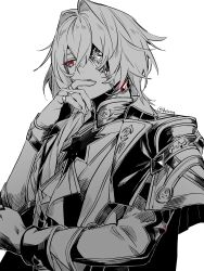 1boy absurdres anaxa_(honkai:_star_rail) black_jacket boioioq closed_mouth earrings eyepatch gem greyscale hand_up highres honkai:_star_rail honkai_(series) jacket jewelry lapels male_focus medium_hair monochrome notched_lapels one_eye_covered partially_colored red_eyes red_gemstone side_ponytail simple_background single_earring solo upper_body white_background