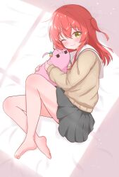 absurdres ahoge barefoot bed blush bocchi_the_rock! brown_sailor_collar brown_shirt cube_hair_ornament feet gotoh_hitori gotoh_hitori_(tsuchinoko) hair_between_eyes hair_ornament happy highres kita_ikuyo looking_at_viewer lying matcha_november on_side one_eye_closed one_side_up pleated_skirt red_hair sailor_collar school_uniform shirt side_ahoge sidelocks skirt thighs toes window_shadow yellow_eyes