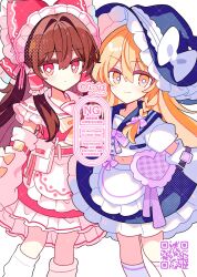 Rule 34 | 2girls, apron, blonde hair, blue sailor collar, blue skirt, blush, bow, braid, bright pupils, closed mouth, commentary request, crop top, cropped shirt, cross-shaped pupils, detached sleeves, feet out of frame, frilled apron, frilled bow, frilled hair tubes, frilled shirt collar, frilled skirt, frills, hair between eyes, hair bow, hair ribbon, hair tubes, hakurei reimu, highres, kirisame marisa, long hair, looking at viewer, midriff, multiple girls, navel, purple ribbon, qr code, red bow, red shirt, red skirt, ribbon, sailor collar, shirocha tei, shirt, short sleeves, sidelocks, simple background, single braid, skirt, smile, socks, standing, symbol-shaped pupils, touhou, twitter username, waist apron, watermark, white apron, white background, white pupils, white shirt, white sleeves, white socks