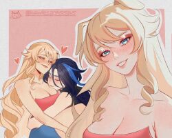 2girls animal_ears blonde_hair blue_eyes blush breasts clorinde_(genshin_impact) closed_eyes closed_mouth freckles genshin_impact hawk_(hawk1275565) heart hug long_hair multiple_girls navia_(genshin_impact) parted_lips purple_hair yuri