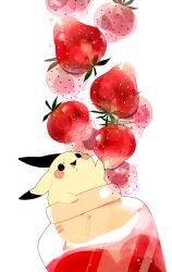 black_eyes blush_stickers commentary_request creature creature_focus food fruit gen_1_pokemon happy in_container in_jar jam jar looking_at_food mm_(miryii) nintendo no_humans open_mouth oversized_food oversized_object pikachu pokemon pokemon_(creature) simple_background smile solid_circle_eyes solo strawberry white_background