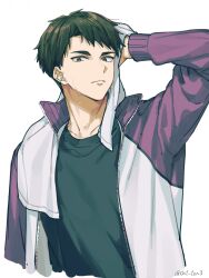 1boy absurdres arm_up black_hair black_shirt brown_eyes closed_mouth commentary_request haikyuu!! highres jacket looking_at_viewer male_focus oct_ten3 shirt short_hair simple_background solo sweat towel towel_around_neck track_jacket twitter_username upper_body ushijima_wakatoshi white_background