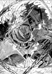 1boy 1girl android battle boots chain cloak ender_lilies_quietus_of_the_knights ender_magnolia_bloom_in_the_mist greyscale kofuku_(reitouko) lilac_(ender_magnolia) monochrome shackled_beast_(ender_magnolia) short_hair weapon