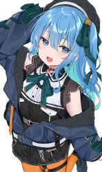 1girl aqua_bow aqua_bowtie aqua_hair aqua_ribbon arm_up beret black_hat black_shirt black_shoes black_skirt blue_hair blue_jacket bow bowtie colored_inner_hair dot_nose foot_out_of_frame hair_ribbon hat highres hololive hoshimachi_suisei hoshimachi_suisei_(casual) jacket leg_up long_hair looking_at_viewer multicolored_hair official_alternate_costume open_clothes open_jacket open_mouth orange_pantyhose pantyhose ribbon shirt shoes simple_background skirt smile solo standing standing_on_one_leg swon_(joy200892) two-tone_shirt virtual_youtuber white_background