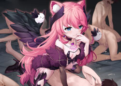 Rule 34 | 1girl, 463 jun, 5boys, absurdres, animal ear fluff, animal ears, assertive female, black wings, breasts, choker, clothed female nude male, cowgirl position, creature, cum, ejaculation, heart, heart-shaped pupils, highres, indie virtual youtuber, long hair, multiple boys, nude, pink hair, sakurada hane, small breasts, straddling, symbol-shaped pupils, virtual youtuber, wings