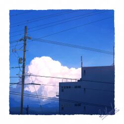 alu.m_(alpcmas) blue_sky building cloud cloudy_sky commentary_request highres mountain no_humans original outdoors power_lines signature sky utility_pole