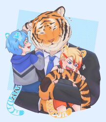3boys aged_down animal_ears axel_syrios black_suit blonde_hair blue_background blue_hair blue_necktie business_suit carrying carrying_multiple_people carrying_person child child_carry collared_shirt cropped_legs cropped_torso drawn_ears drawn_tail formal_clothes furry furry_male grabbing_another&#039;s_tail halftone halftone_background hanxiucao highres holostars holostars_english hood hoodie male_focus multicolored_hair multiple_boys necktie red_hair regis_altare shirt sigh streaked_hair suit tail tiger tiger_boy tiger_ears tiger_tail toramane upper_body virtual_youtuber