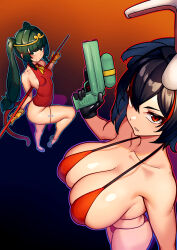 2girls absurdres alternate_costume android animal_ears bikini black_hair blunt_bangs braid breasts cleavage cowboy_shot full_body gradient_background green_eyes green_hair hair_between_eyes highres holding holding_water_gun large_breasts long_hair looking_at_viewer multicolored_hair multiple_girls nicchi parted_lips qingyi_(zenless_zone_zero) rabbit_ears red_bikini red_eyes red_hair side_braids sidelocks simple_background small_breasts smile standing streaked_hair swimsuit twintails two-tone_hair water_gun zenless_zone_zero zhu_yuan