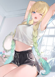 1girl aizawa_ema armpit_peek arms_up black_shorts blonde_hair blue_eyes braid breasts crop_top crop_top_overhang dolphin_shorts drawstring gradient_hair green_hair hair_ornament high-waist_shorts highres indoors isaya_(pixiv4541633) long_hair looking_at_viewer medium_breasts midriff mirror multicolored_hair navel one_eye_closed open_mouth pom_pom_(clothes) pom_pom_hair_ornament shirt short_shorts short_sleeves shorts sitting solo stretching thighs twin_braids twintails two-tone_hair very_long_hair virtual_youtuber vspo! white_shirt
