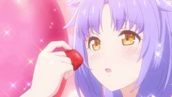1girl animated animated_gif anime_screenshot blush cinnamon_(nekopara) feeding food fruit nekopara nekopara_anime purple_hair solo strawberry tagme yellow_eyes