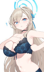 ! 1girl absurdres adjusting_bra adjusting_clothes asuna_(blue_archive) blue_archive blue_bra blue_eyes blue_panties blush bra breasts choker cloba hair_over_one_eye halo hand_in_bra highres lace lace-trimmed_bra lace_trim large_breasts light_brown_hair lingerie long_hair looking_at_viewer panties parted_lips ponytail solo stomach underwear underwear_only
