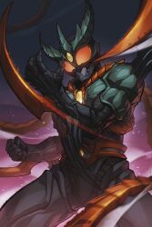 1boy armor clenched_hand cowboy_shot forehead_jewel green_armor green_helmet helmet highres kamen_rider kamen_rider_agito_(series) kamen_rider_exceed_gills kamen_rider_gills male_focus onion_maru red_eyes solo tokusatsu