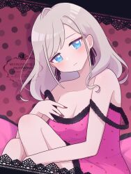 1girl absurdres bare_shoulders black_ribbon blue_eyes breasts camisole ceras_yanagida_lilienfeld cleavage closed_mouth collarbone commentary_request double_strap_slip feet_out_of_frame grey_hair hair_ribbon highres large_breasts light_frown link!_like!_love_live! long_hair looking_at_viewer love_live! miyaco_(shirataki_168) pink_camisole pink_nails polka_dot polka_dot_background red_background ribbon romeo_to_cinderella_(vocaloid) sidelocks single_hair_intake sitting solo swept_bangs virtual_youtuber watermark