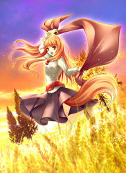 00s 1girl animal_ears brown_hair female_focus holo long_hair niko niko_(azurite) red_eyes solo spice_and_wolf tail wheat wolf_ears wolf_tail