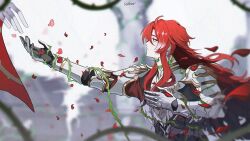 1boy argenti_(honkai:_star_rail) armor black_gloves blurry blurry_background breastplate colored_eyelashes commentary depth_of_field earrings english_commentary falling_petals flower from_side gauntlets gloves green_eyes hair_between_eyes hand_on_own_chest highres honkai:_star_rail honkai_(series) jewelry knight long_hair looking_ahead male_focus moonya out_of_frame outstretched_arm pauldrons petals pillar plant profile reaching red_flower red_hair red_rose red_shirt rose shirt shoulder_armor solo_focus thorns upper_body vines white_armor