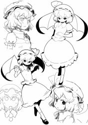 Rule 34 | 1girl, ascot, bat wings, female focus, greyscale, hat, hat ribbon, maru-sun, mary janes, monochrome, open mouth, remilia scarlet, ribbon, shoes, short hair, sketch, skirt, smile, socks, solo, touhou, wings, zun hat