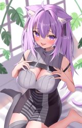 1girl absurdres ahoge animal_ear_fluff animal_ears bandaid bandaid_on_arm barefoot black_skirt breasts cat_ears cat_girl cat_tail cleavage cleavage_cutout closed_mouth clothing_cutout grey_shirt highres hololive kumoru_(kumoru_145) large_breasts looking_at_viewer nekomata_okayu nekomata_okayu_(8th_costume) official_alternate_costume official_alternate_hair_length official_alternate_hairstyle purple_eyes purple_hair shirt single_thighhigh skirt smile solo tail thighhighs tongue tongue_out virtual_youtuber
