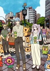 3girls 5boys aura_(sousou_no_frieren) bag beard black_dress blue_cardigan blue_hair blue_sky cardigan closed_eyes cloud commentary_request draht_(sousou_no_frieren) dress earrings eisen_(sousou_no_frieren) facial_hair frieren full_body glasses green_hair hair_over_one_eye hand_on_own_hip heiter highres himmel_(sousou_no_frieren) holding jewelry koala linie_(sousou_no_frieren) long_beard lugner_(sousou_no_frieren) multiple_boys multiple_girls outdoors pink_hair purple_hair sandals short_hair shorts sidelocks sky smile sousou_no_frieren takeuchi_ryousuke twintails watch white_hair wristwatch