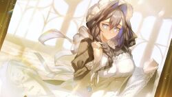 1girl absurdres apron black_dress black_hair blue_eyes blue_hair blurry blurry_background braid breasts closed_mouth colored_inner_hair commentary dress english_commentary frilled_apron frilled_hat frills hair_between_eyes hair_intakes hair_over_shoulder hand_up hat highres hololive hololive_english indoors juliet_sleeves large_breasts long_hair long_sleeves looking_at_viewer low_twin_braids maid maid_apron mob_cap multicolored_hair official_alternate_costume official_alternate_hairstyle ouro_kronii ouro_kronii_(maid) puffy_sleeves puritan_collar skirt_hold smile solo twin_braids upper_body victorian_maid virtual_youtuber white_apron white_hat zarasaru