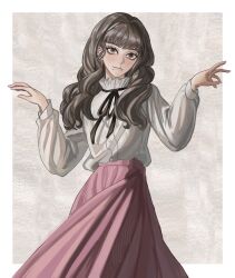 Rule 34 | 1girl, absurdres, black ribbon, blunt bangs, border, brown background, brown eyes, brown hair, closed mouth, commentary, cowboy shot, fear &amp; hunger (series), fear &amp; hunger 2: termina, frilled shirt collar, frills, hands up, highres, long hair, long sleeves, looking at viewer, marina (fear &amp; hunger), mole, neck ribbon, nouveaudepart 0, outside border, pink skirt, ribbon, shirt, shirt tucked in, simple background, skirt, solo, w arms, white border, white shirt