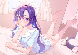 Rule 34 | 1girl, absurdres, barefoot, blue archive, blush, bow hairband, breasts, cleavage, commentary request, curtains, hairband, hand on own cheek, hand on own face, highres, indoors, long hair, looking at viewer, lying, on bed, on stomach, purple eyes, purple hair, short sleeves, shorts, smile, solo, stuffed animal, stuffed toy, sutsumi, window, yuuka (blue archive), yuuka (pajamas) (blue archive)
