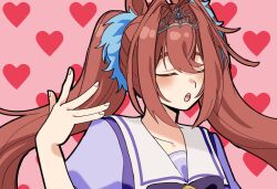 1girl :o animal_ears brown_hair closed_eyes commentary daiwa_scarlet_(umamusume) english_commentary fang hair_between_eyes hand_up heart heart_background highres horse_ears horse_girl long_hair pink_background portrait school_uniform solo teeth tiara tracen_school_uniform twintails umamusume upper_teeth_only world_is_mine_(vocaloid) zero_(misamxsa08)