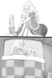 1boy 2girls age_difference bed blush breasts bulge closed_eyes erection erection_under_clothes huge_breasts long_hair looking_at_viewer monochrome multiple_girls on_bed open_mouth original pt sitting size_difference sleeping smile