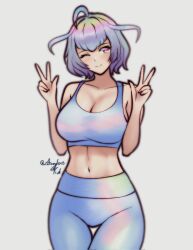 1girl ;) ahoge bob_cut breasts cleavage double_v fire_emblem fire_emblem_heroes highres large_breasts looking_at_viewer multicolored_hair navel nintendo one_eye_closed pants rotomdocs seidr_(fire_emblem) short_hair sideboob smile sports_bra v white_pants white_sports_bra yoga_pants