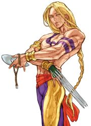 1boy armlet blonde_hair braid capcom capcom_vs_snk_2 claw_(weapon) game_cg highres holding holding_mask jewelry long_hair looking_to_the_side male_focus mask multicolored_pants muscular muscular_male nishimura_kinu non-web_source official_art pants parted_lips pectorals red_sash sash snake_tattoo solo street_fighter tattoo vega_(street_fighter) veins veiny_arms very_long_hair weapon white_background
