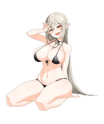 1girl absurdres bare_shoulders barefoot bikini black_bikini blush breasts collarbone front-tie_bikini_top front-tie_top grey_hair highres kneeling large_breasts long_hair navel o-ring o-ring_bikini open_mouth orange_eyes original pellpt pointy_ears smile solo stomach swimsuit v white_background