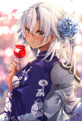 1girl alternate_costume alternate_hairstyle breasts brown_eyes candy_apple dark-skinned_female dark_skin food glasses grey-framed_eyewear grey_hair hair_bun hand_fan highres holding_candy_apple japanese_clothes kantai_collection kimono large_breasts long_hair mashiro_yukiya musashi_(kancolle) musashi_kai_ni_(kancolle) obi paper_fan purple_kimono purple_nails rectangular_eyewear sash semi-rimless_eyewear smile solo summer_festival uchiwa upper_body very_long_hair yukata