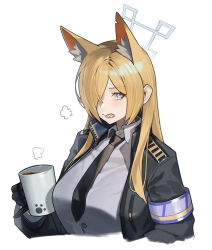 Rule 34 | 1girl, absurdres, animal ear fluff, animal ears, black gloves, black jacket, black necktie, blonde hair, blue archive, blue eyes, blue shirt, blush, clenched teeth, dog ears, dog girl, esnowg, extra ears, gloves, hair over one eye, halo, highres, jacket, kanna (blue archive), long hair, necktie, sharp teeth, shirt, sidelocks, solo, teeth, upper body