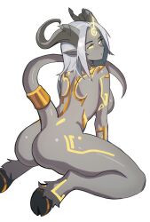 1girl absurdres ass bad_id bad_twitter_id breasts colored_sclera completely_nude distr draenei facial_mark forehead_mark from_behind highres hooves horns kneeling large_breasts lightforged_draenei long_hair looking_at_viewer looking_back monster_girl nude parted_lips simple_background solo tail tail_ornament tail_ring warcraft white_background white_eyes white_hair world_of_warcraft yellow_sclera