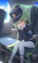 1girl absurdres aircraft airplane armband belt black_belt black_hat black_jacket blue_archive blue_armband blue_sky blush cloud commentary_request day gloves green_hair green_halo hair_between_eyes halo hat highres icetea_art jacket long_hair long_sleeves looking_at_viewer nozomi_(blue_archive) paid_reward_available pantyhose partial_commentary pointy_ears sitting sky solo twintails very_long_hair white_gloves white_pantyhose yellow_eyes