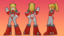 1girl 3d antennae armor armored_boots armored_gloves arms_up bikini_armor blonde_hair blue_eyes boots breasts capcom clenched_hands from_behind from_side gradient_background green_ribbon hair_ribbon hairband hand_on_own_hip hand_up headphones hyper_roll_(marvel_vs._capcom) joints knee_boots large_breasts long_hair looking_at_viewer marvel_vs._capcom mechanical_arms mechanical_boots mechanical_legs mega_man_(classic) mega_man_(series) orange_background ponytail radio_antenna red_armor red_background ribbon robot robot_girl robot_joints roll_(mega_man) sadbunny15 shoulder_armor sidelocks smile