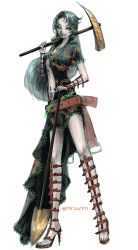 1girl alternate_costume animal_print asymmetrical_clothes black_dress dress ear_piercing full_body green_nails grey_eyes grey_hair high_heels himemushi_momoyo holding holding_pickaxe holding_shovel jewelry long_hair long_legs long_toenails looking_at_viewer mullet nail_polish navel nazo_(mystery) pickaxe piercing sharp_toenails shoes shovel solo stiletto_heels toeless_legwear toenails toes tools touhou