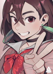 1girl ayase_momo black_choker bow bowtie brown_eyes brown_hair choker clenched_teeth collared_shirt commentary dandadan earrings english_commentary floating_earrings graveweaver grin hair_behind_ear hair_between_eyes highres jewelry looking_at_viewer loose_bowtie medium_hair pink_sweater red_bow red_bowtie school_uniform shirt signature sleeves_past_wrists smile solo sweater teeth thick_eyebrows upper_body v white_shirt