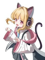 1girl :3 :d animal_ear_headphones animal_ears black_tail blonde_hair blue_archive blue_necktie blunt_bangs blush buttons cat_ear_headphones cat_ears cat_tail chinese_commentary clenched_hand collared_shirt commentary_request double-parted_bangs fake_animal_ears fake_tail fang floating_hair frilled_skirt frills from_above hands_up headphones highres hood hood_down hooded_jacket jacket long_sleeves looking_at_viewer looking_to_the_side making-of_available medium_hair momoi_(blue_archive) multicolored_jacket necktie no_hair_bow no_halo off_shoulder open_clothes open_jacket open_mouth paw_pose pink_eyes pink_jacket pleated_skirt school_uniform shirt sidelocks simple_background skin_fang skirt smile solo suspender_skirt suspenders tail tail_raised two-sided_fabric two-sided_jacket upper_body white_background white_jacket white_shirt wide_sleeves wing_collar xiaoxiaoyifan
